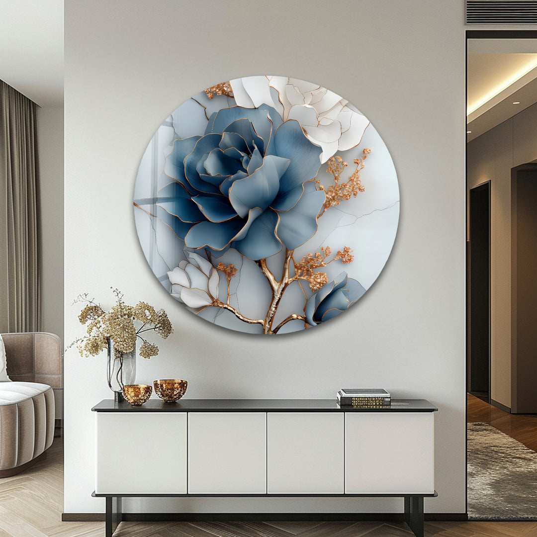 Blue Bloom Harmony – Elegant Floral Glass Wall Art