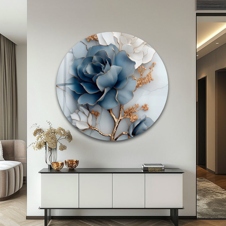 Blue Bloom Harmony – Elegant Floral Glass Wall Art