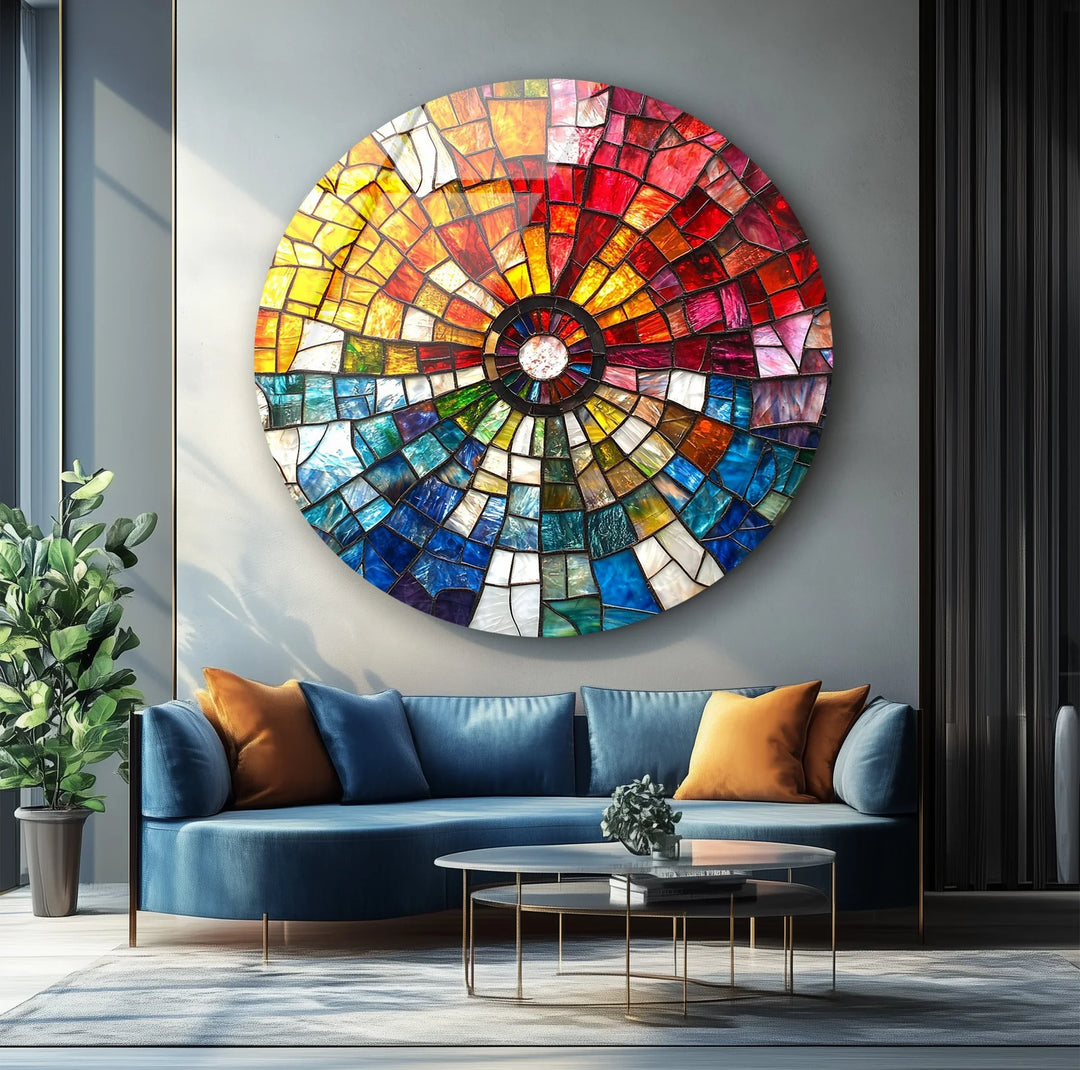 Radiant Sunburst Mosaic Round Glass Wall Art - MyPhotoStation