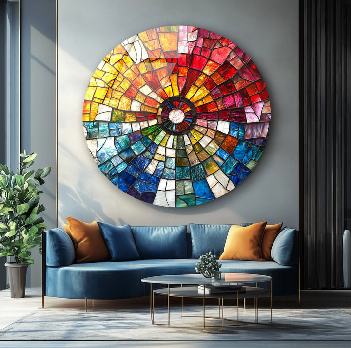 Radiant Sunburst Mosaic Round Glass Wall Art - MyPhotoStation
