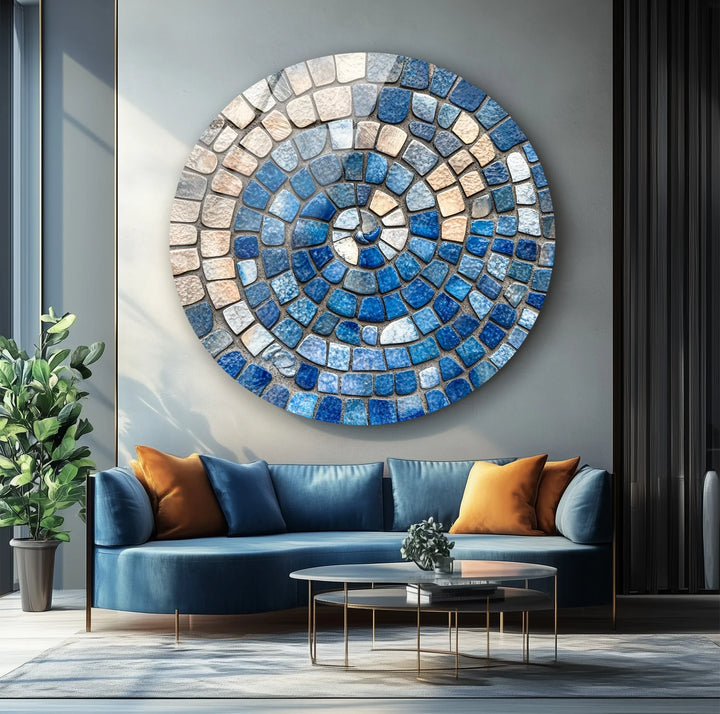 Ocean Spiral Mosaic – Blue and Sand Round Glass Wall Art - MyPhotoStation