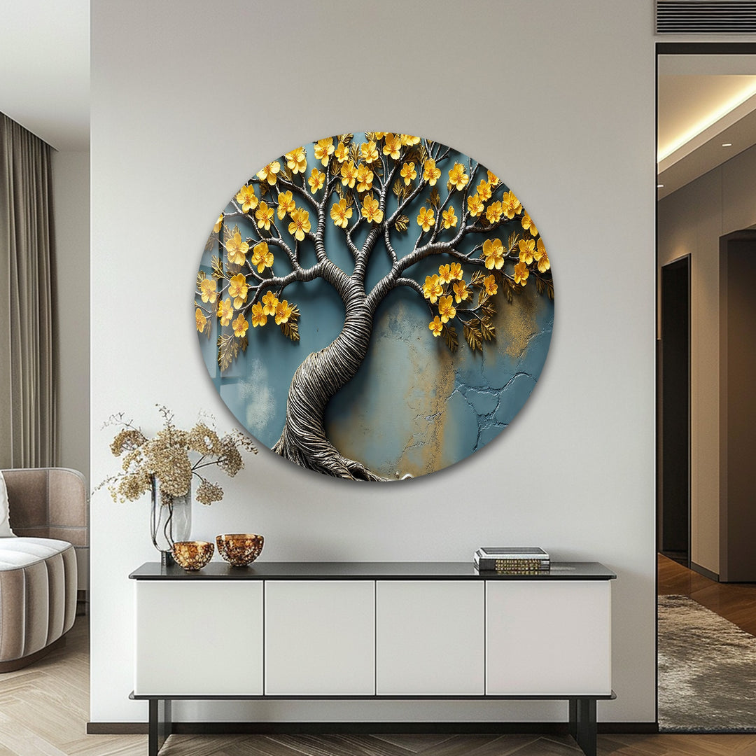 Golden Blossom Roots – Textured Floral Tree Glass Wall Art