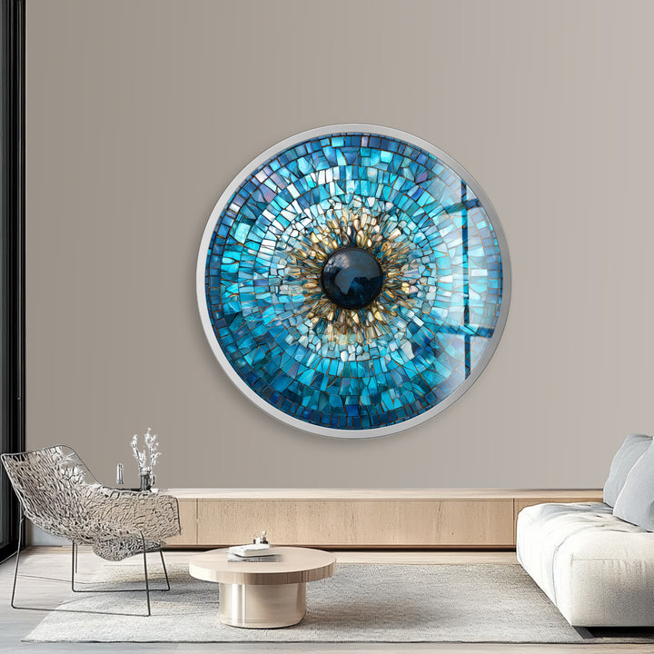 Golden Blue Mosaic Evil Eye – Round Glass Wall Art