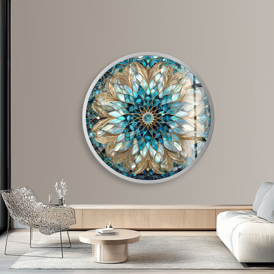 Celestial Bloom Mandala – Round Glass Wall Art