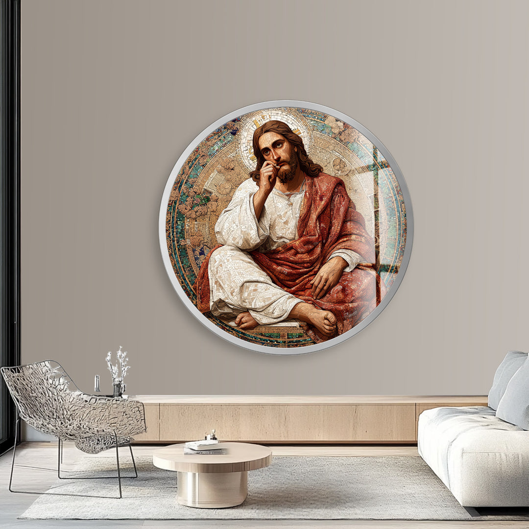 Contemplative Christ Mosaic – Round Glass Wall Art