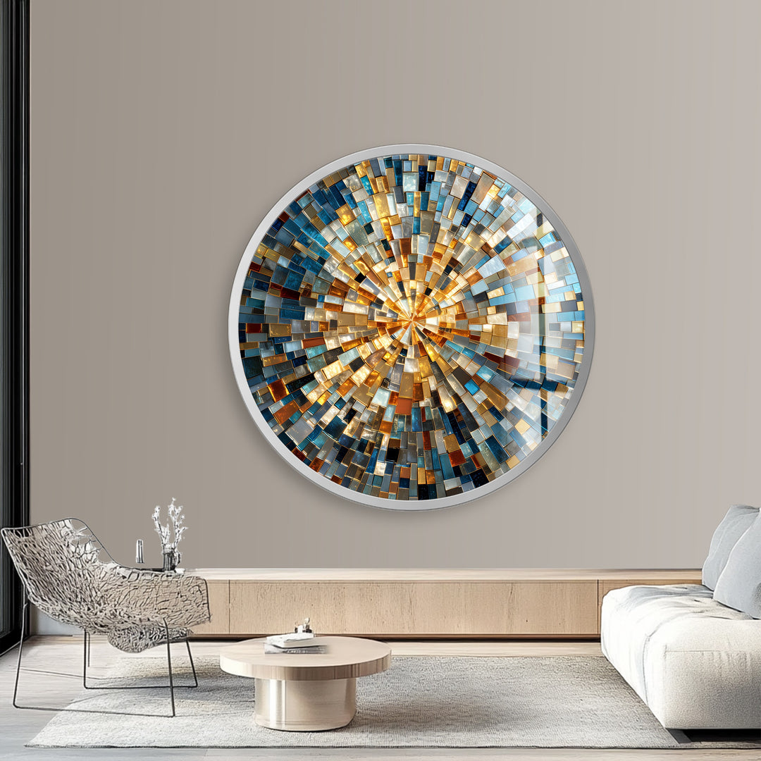 Radiant Skyline Mosaic – Round Glass Wall Art