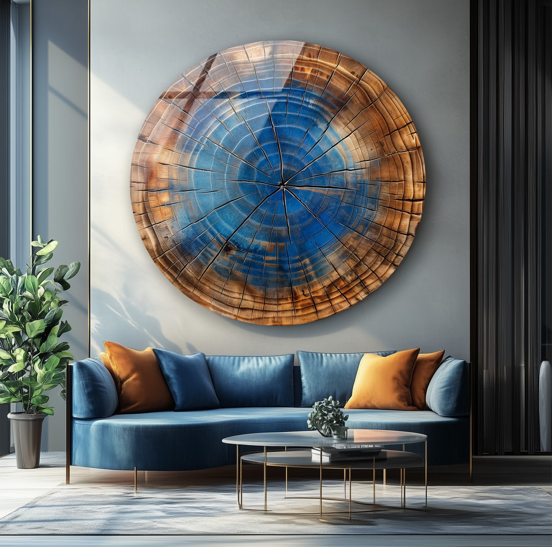Blue Core Timber – Rustic Round Glass Wall Art