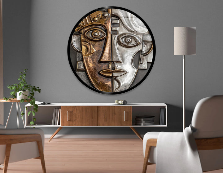 Dual Tone Abstract Face – Metallic Cubist Round Glass Wall Art - MyPhotoStation