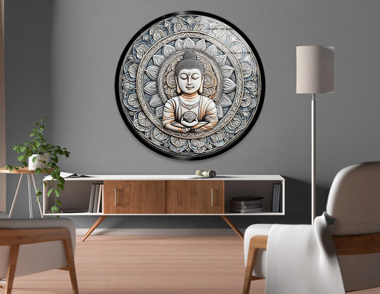 Gray textured background complements the Buddha Lotus Mandala decorative wall art, adding depth to the serene spiritual centerpiece.