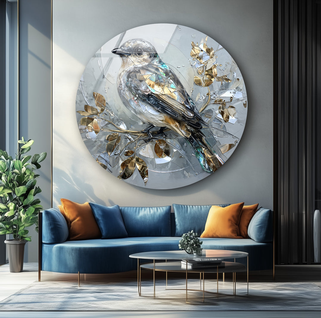 Golden Serenity – Crystal Bird Round Glass Wall Art