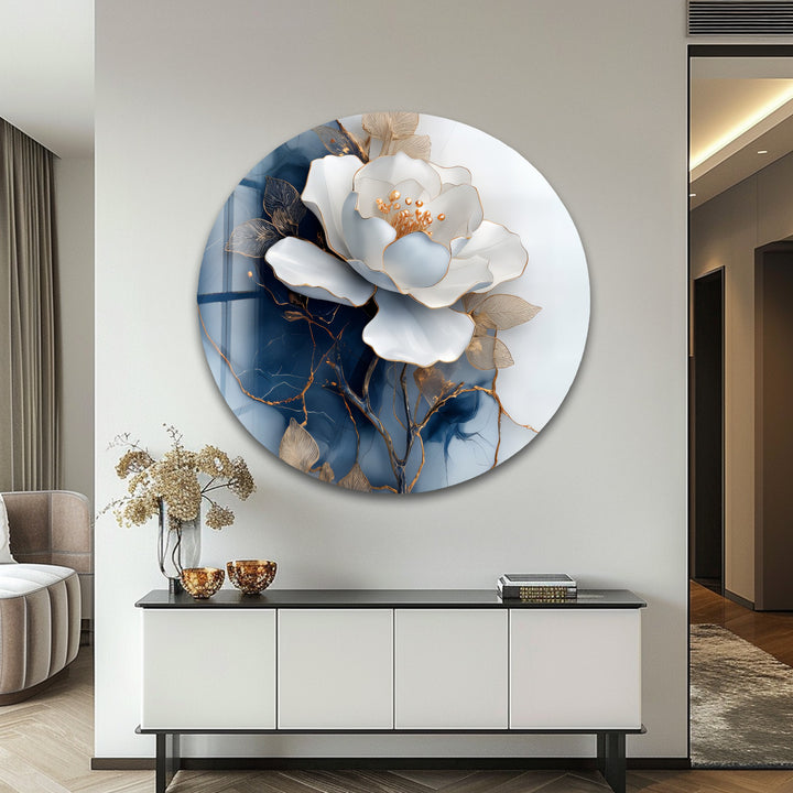 Golden Midnight Bloom – White Flower on Navy Marble Glass Wall Art
