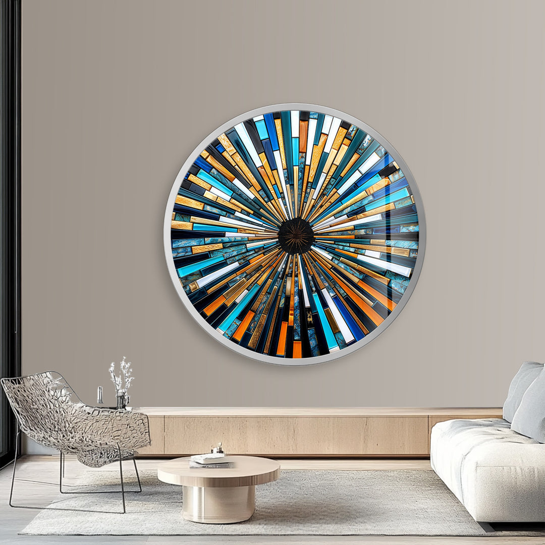 Solar Flare – Blue and Gold Geometric Mosaic Round Glass Wall Art
