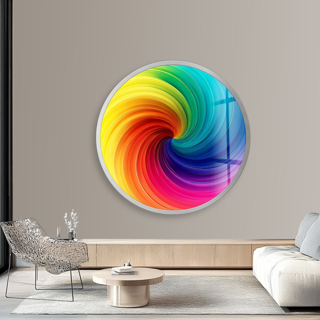 Vortex of Color – Rainbow Swirl Round Glass Wall Art
