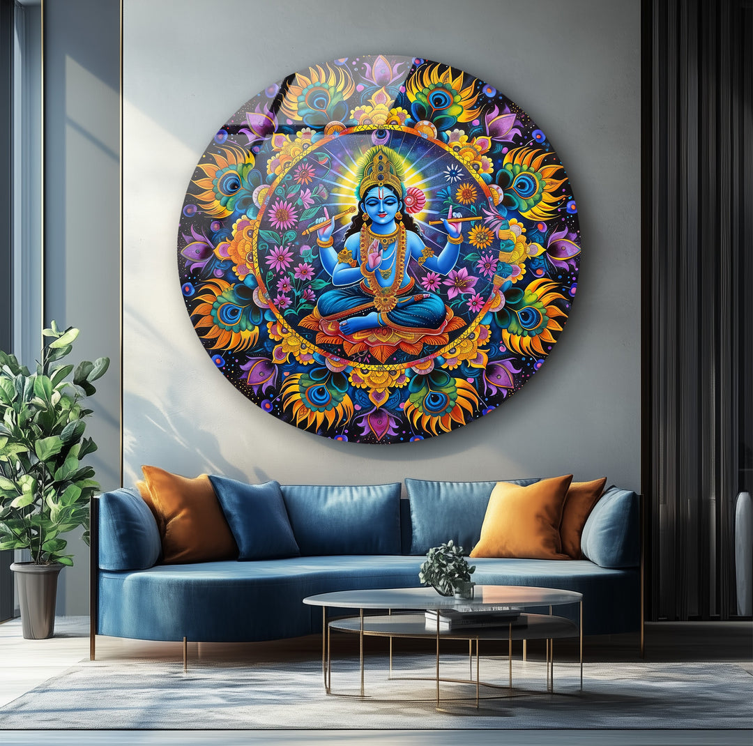 Divine Serenity – Vishnu Mandala Round Glass Wall Art