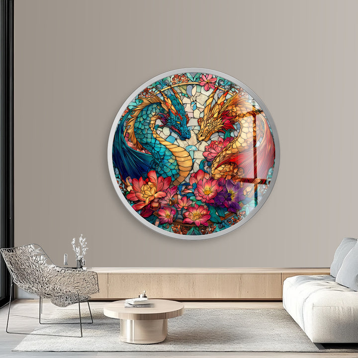 Dual Dragon Stained – Round Glass Wall Art