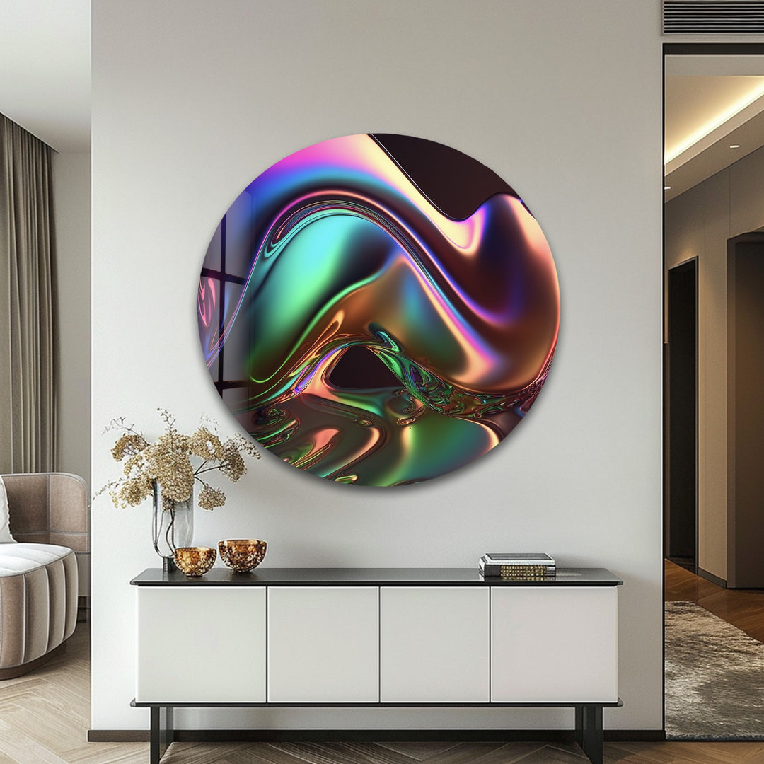 Neon Mirage Crest – Iridescent Chrome Wave Glass Wall Art