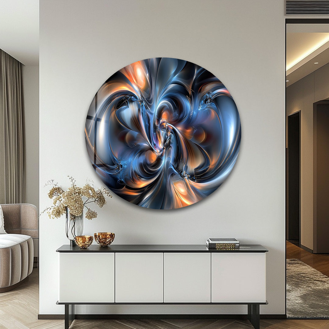 Cosmic Helix Radiance – Abstract Blue & Ember Swirl Glass Wall Art