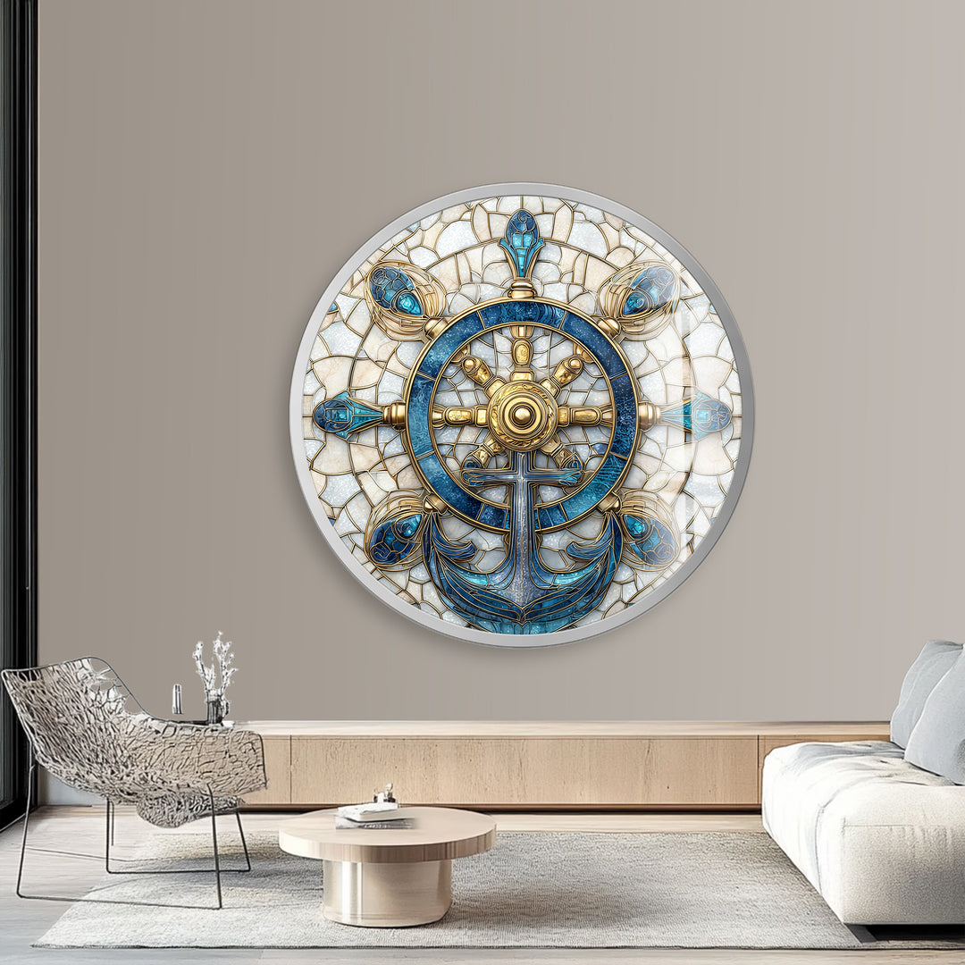 Golden Helm & Anchor Harmony – Round Glass Wall Art