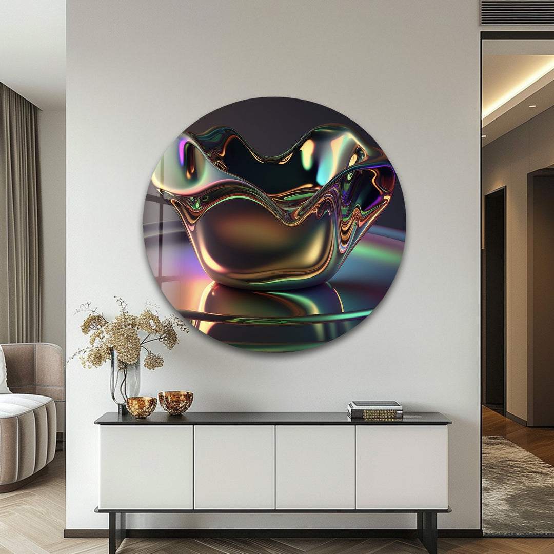 Iridescent Sculpted Bloom – Futuristic Chrome Bowl Glass Wall Art