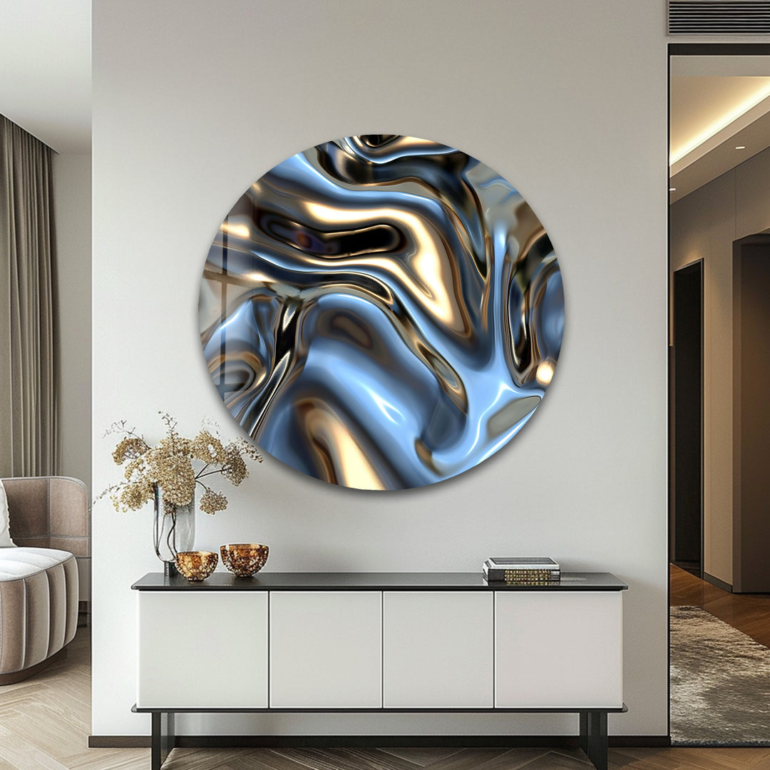 Celestial Metal Drift – Abstract Silver & Gold Fluid Glass Wall Art