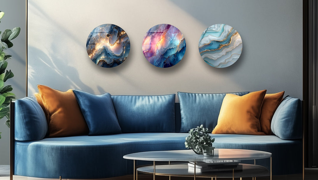 Ethereal Gemstone Round Glass Wall Art Set – Abstract Agate Elegance