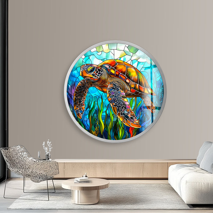 Ocean Voyager – Sea Turtle Round Glass Wall Art