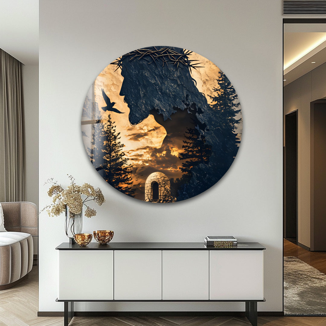 He Is Risen – Silhouette of Christ with Resurrection Tomb Glass Wall Art