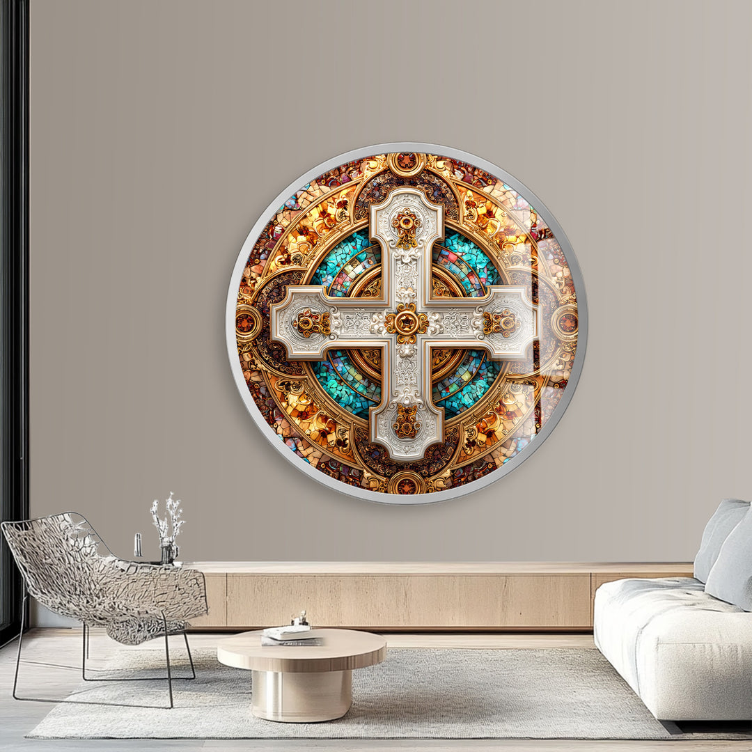 Imperial Cross Mosaic – Round Glass Wall Art