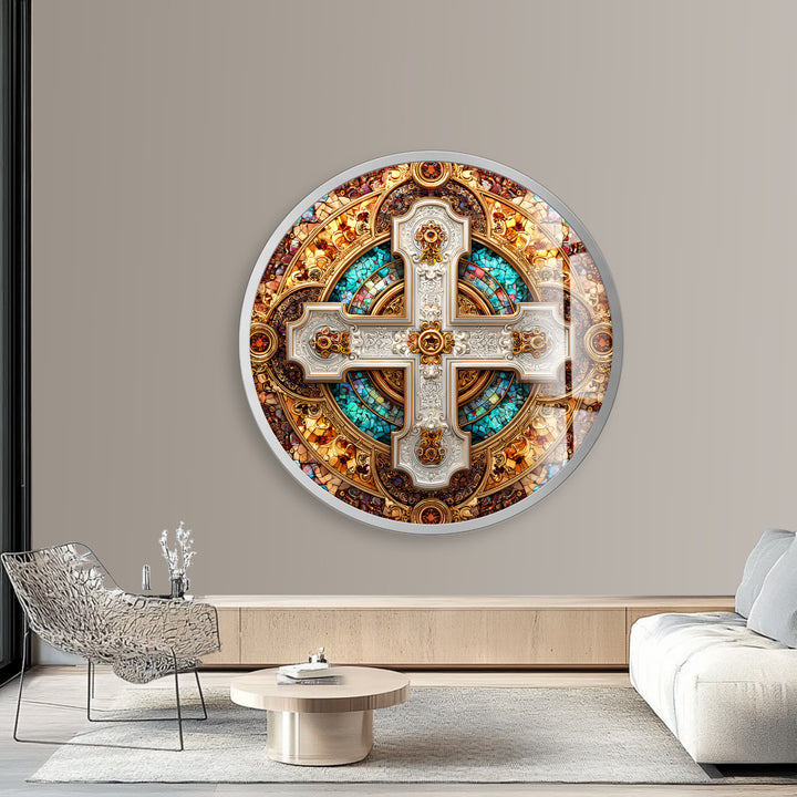 Imperial Cross Mosaic – Round Glass Wall Art