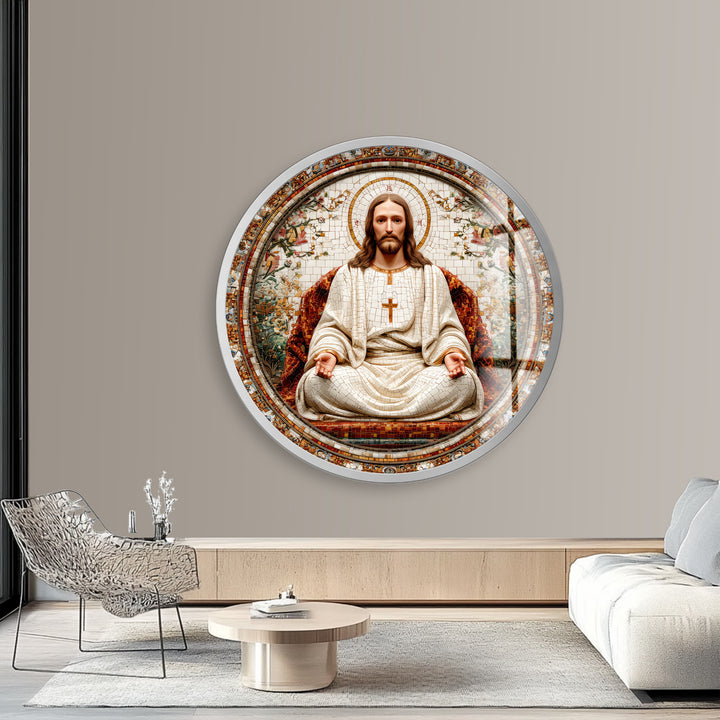 Christ the Redeemer in Ivory – Mosaic Round Glass Wall Art