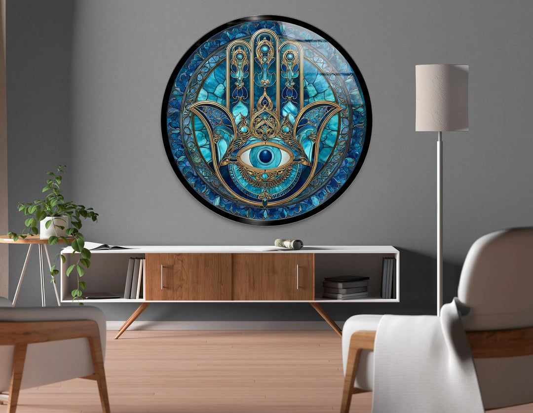 Mystic Hamsa Hand with Evil Eye – Round Glass Wall Art - MyPhotoStation