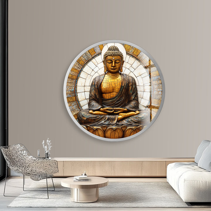 Golden Buddha Mosaic Serenity – Round Glass Wall Art