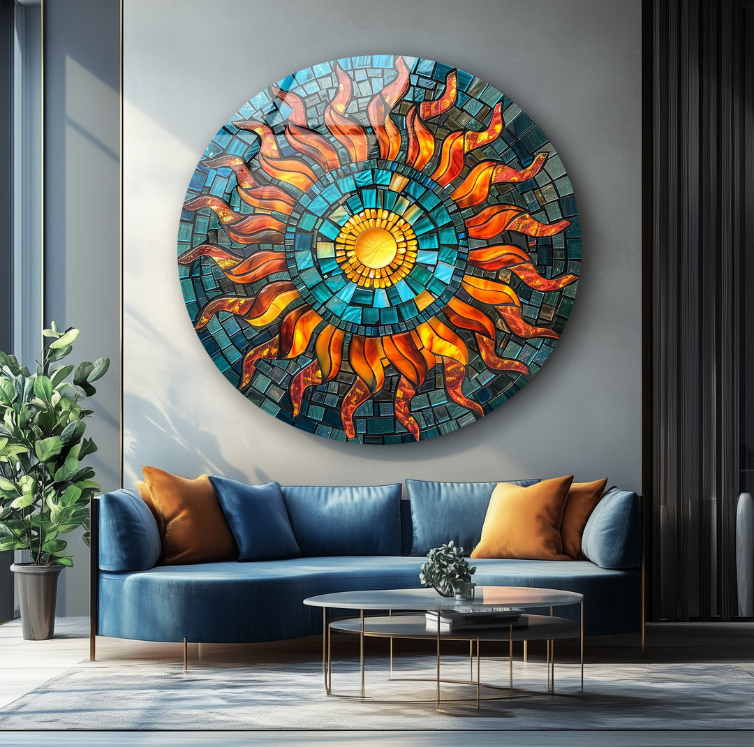 Solar Radiance – Sunburst Mosaic Round Glass Wall Art