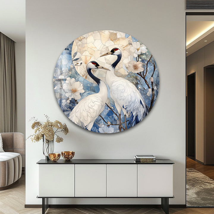 Moonlit Cranes – Elegant Nature Scene Glass Wall Art