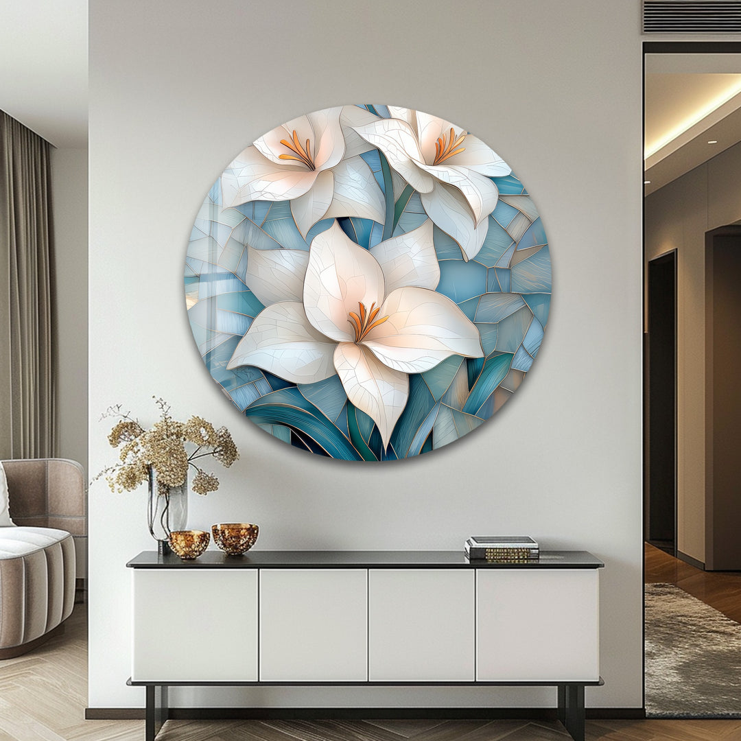 Ivory Radiance – White Lily Mosaic Glass Wall Art