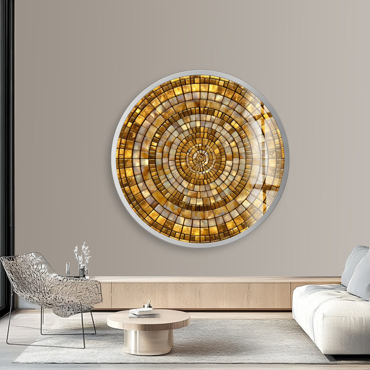 Golden Shimmering Mosaic – Round Glass Wall Art