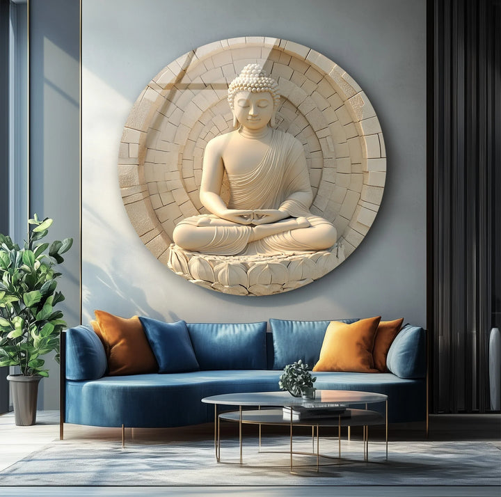 Serene White Buddha in Lotus – Round Glass Wall Art - MyPhotoStation