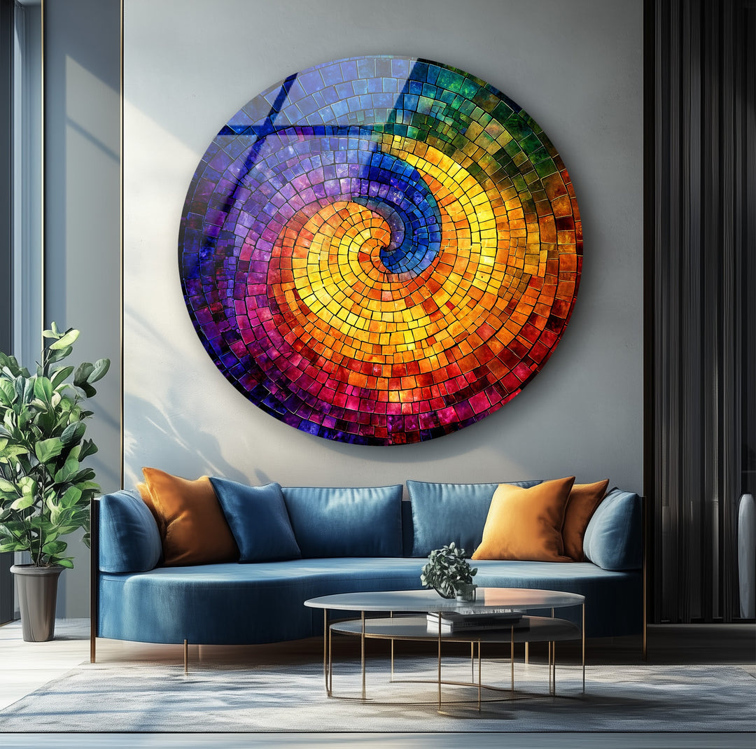 Chromatic Spiral – Vibrant Abstract Mosaic Round Glass Wall Art