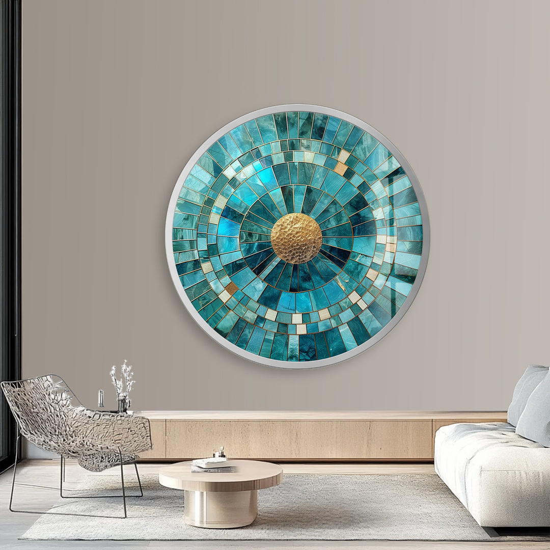 Golden Core – Turquoise Radiance Round Glass Wall Art
