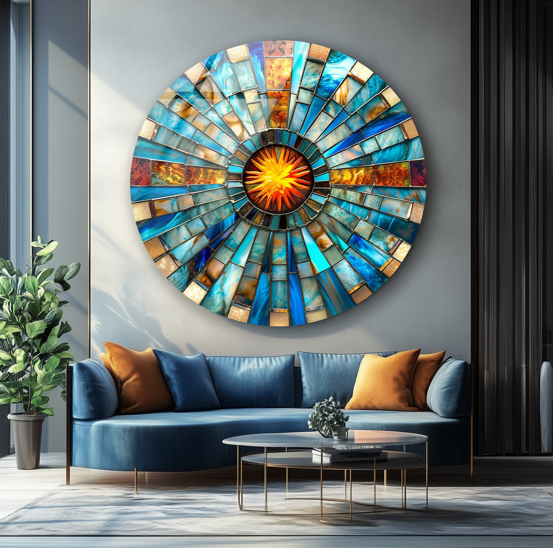 Solar Pulse – Blue & Amber Mosaic Round Glass Wall Art