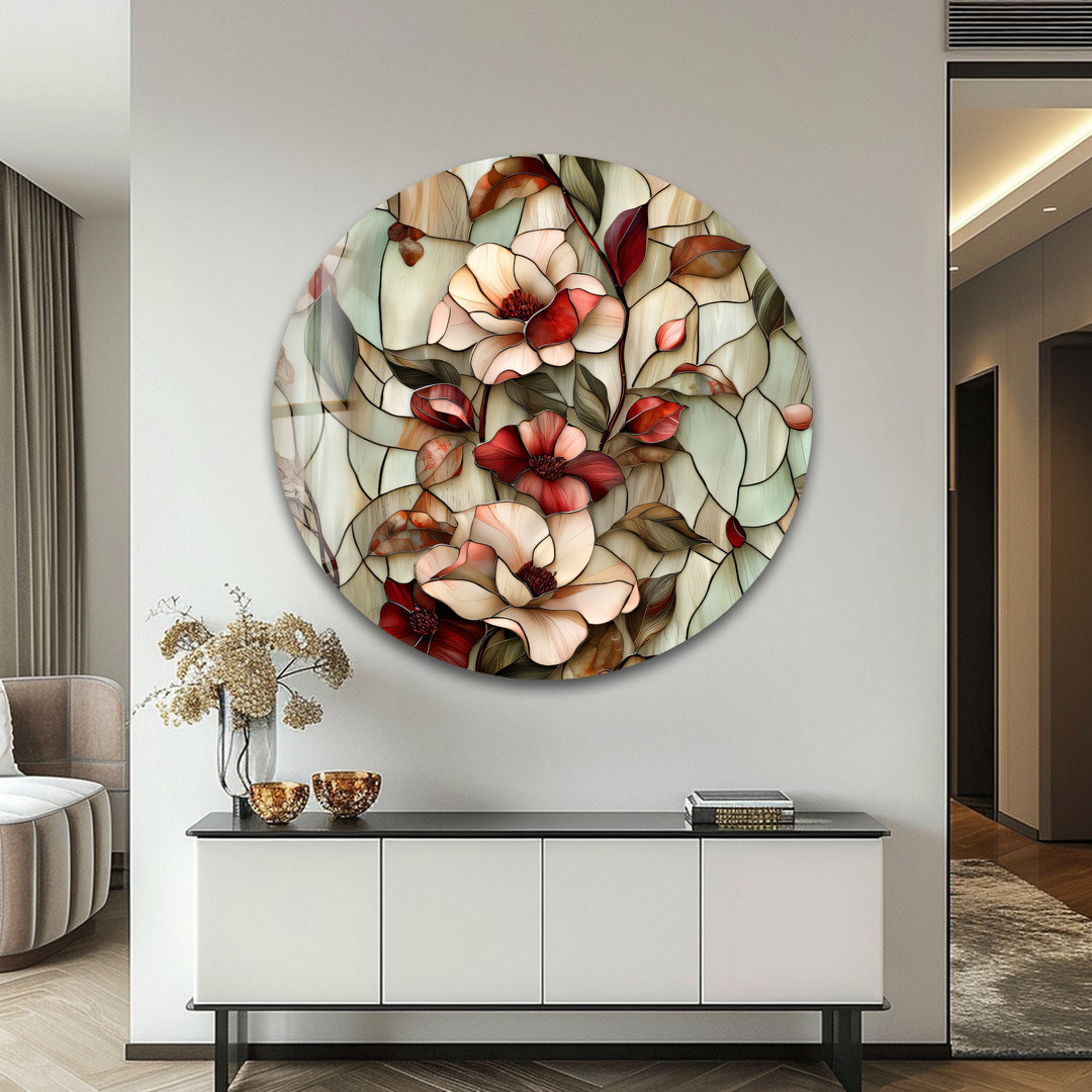 Crimson Bloom Harmony – Stained Floral Glass Wall Art