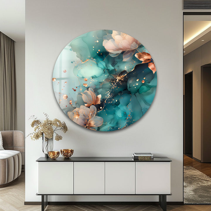 Golden Petals in Aqua Mist – Abstract Floral Glass Wall Art