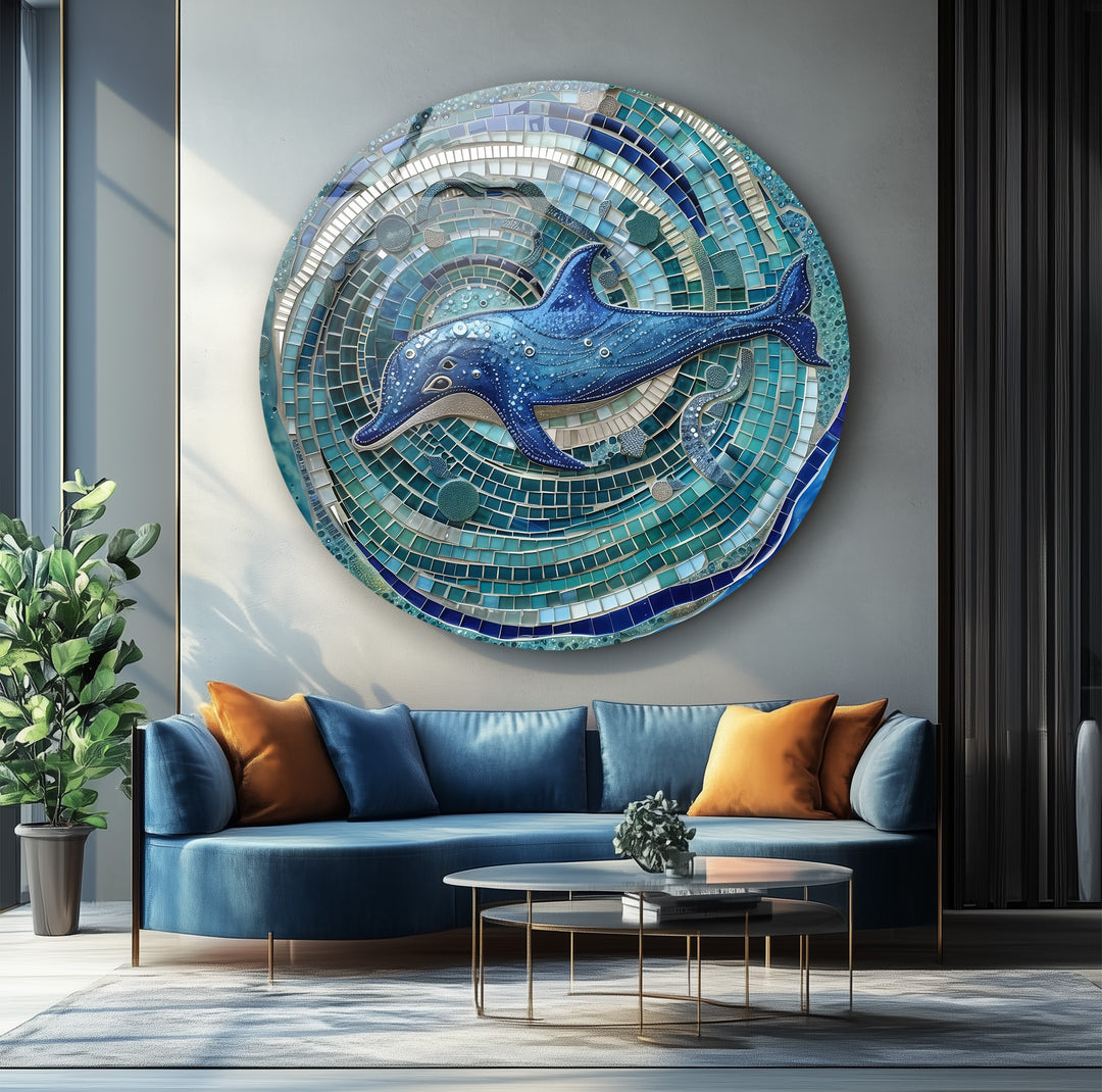 Ocean Spirit – Blue Dolphin Mosaic Round Glass Wall Art