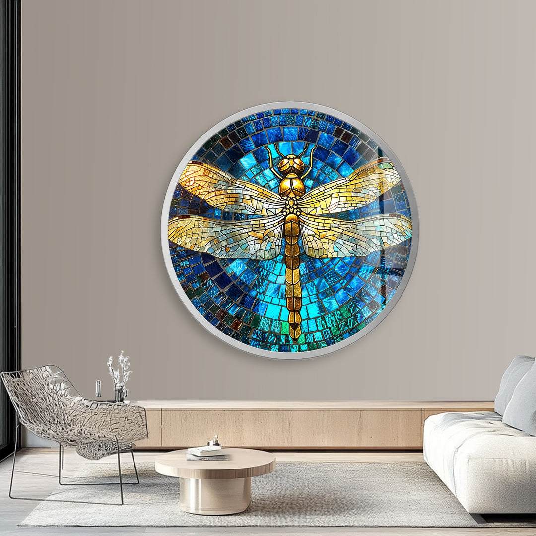 Golden Serenity – Dragonfly Mosaic Round Glass Wall Art