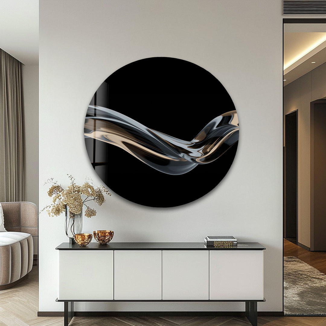 Ebony Silk Wave – Minimalist Metallic Flow Glass Wall Art