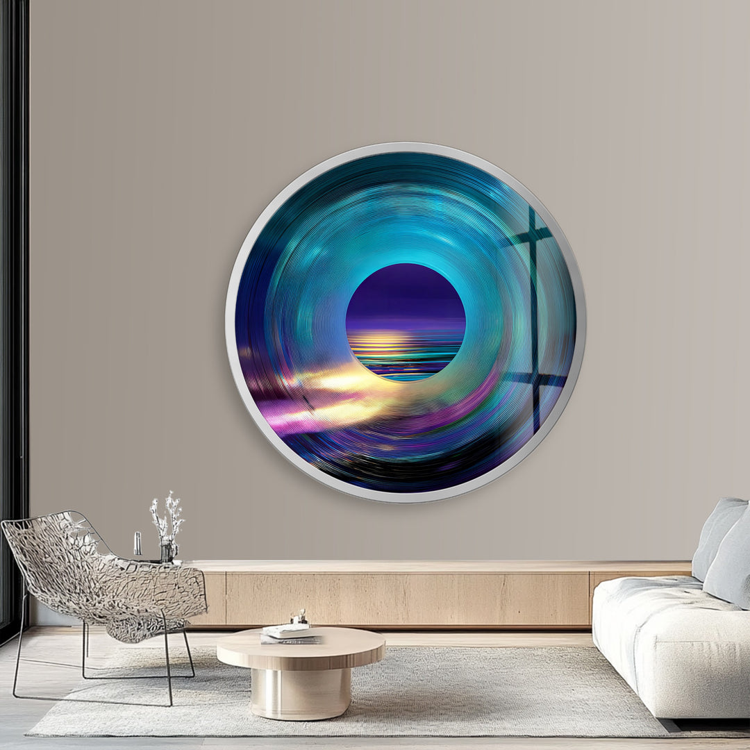 Luminous Horizon – Abstract Ocean View Round Glass Wall Art