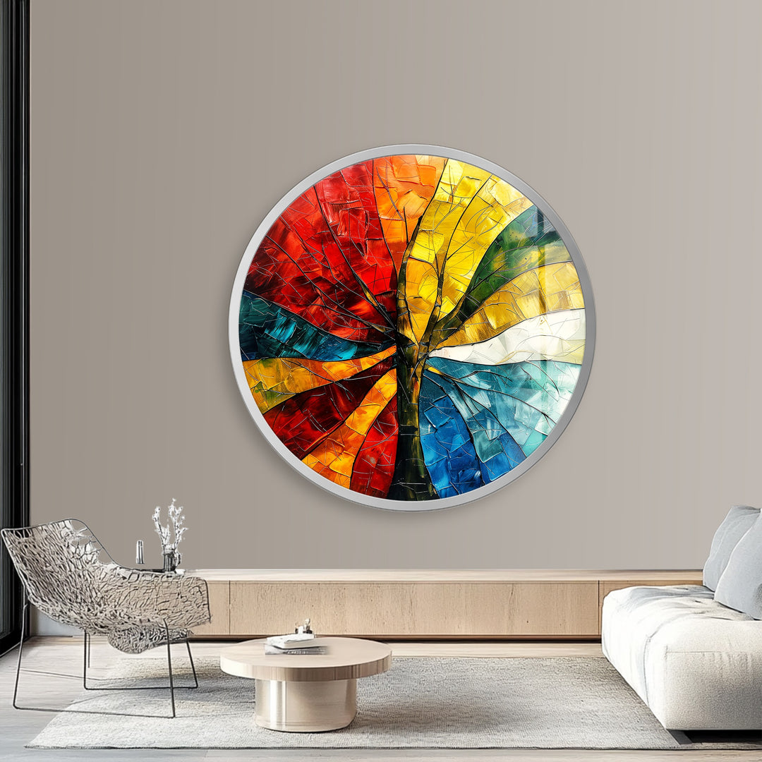Chromatic Bloom – Multicolor Abstract Tree Round Glass Wall Art