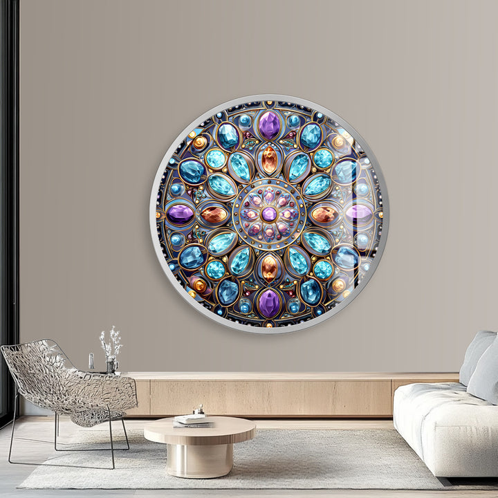 Celestial Jewel Mandala – Round Glass Wall Art