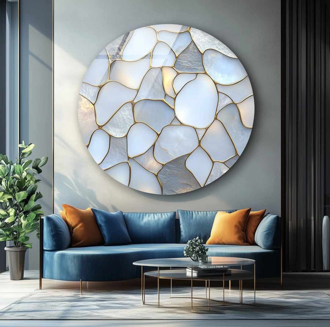 White Stone Mosaic Round Glass Wall Art - MyPhotoStation
