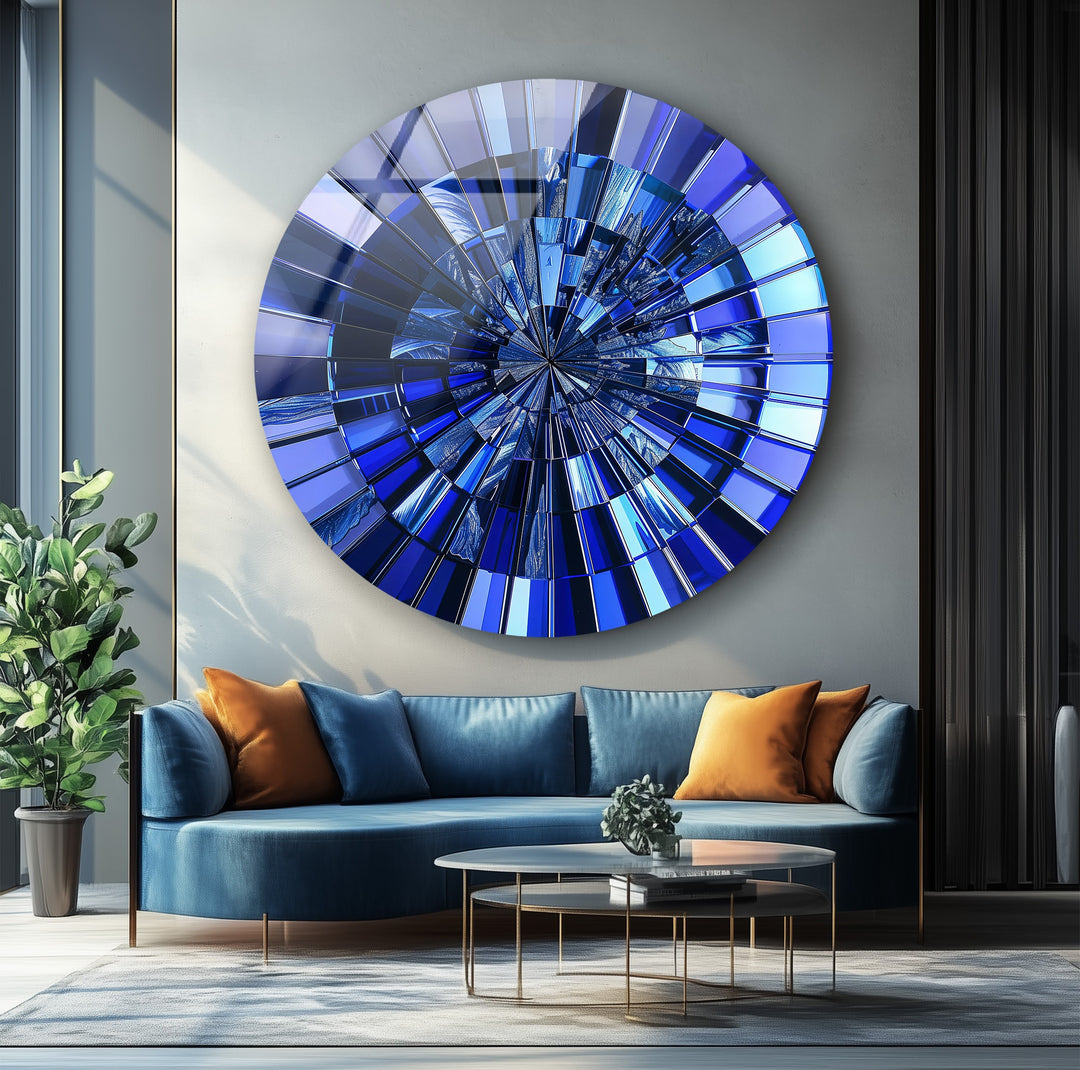 Midnight Radiance – Deep Blue Reflective Round Glass Wall Art
